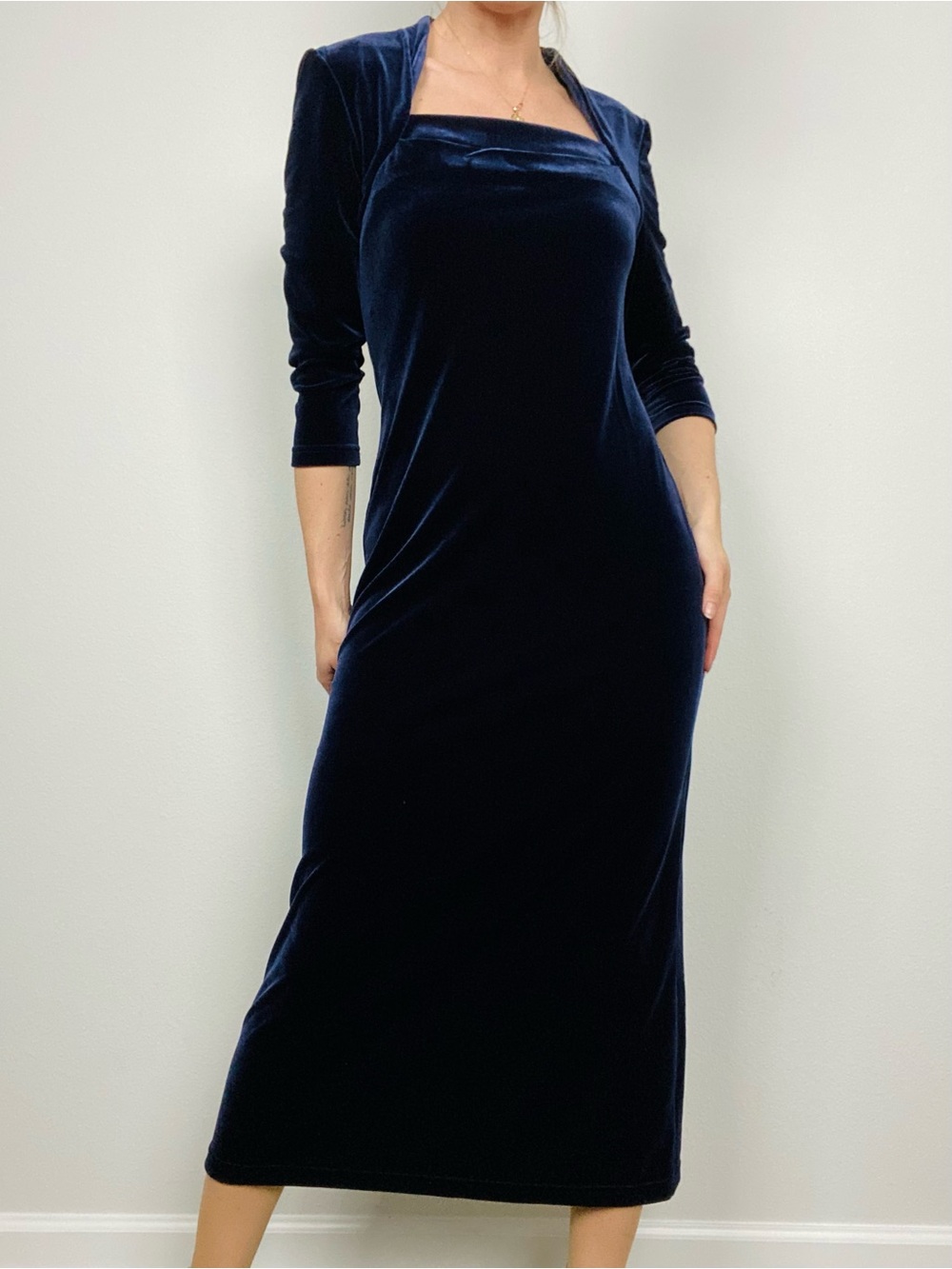 VINTAGE K.C. Spencer New York Deep Navy Velour Square Neck Maxi Dress Size 6